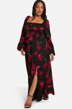 Skater Dresses|Maxi Dresses*boohoo Plus Ditsy Balloon Sleeve Milkmaid Maxi Dress black