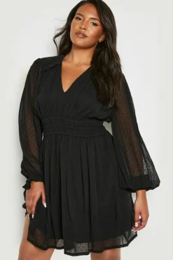 Skater Dresses|Mini Dresses*boohoo Plus Dobby Long Sleeve Skater Dress black