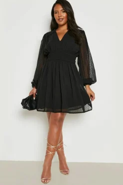 Skater Dresses|Mini Dresses*boohoo Plus Dobby Long Sleeve Skater Dress black