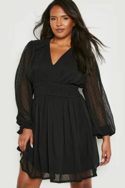 Skater Dresses|Mini Dresses*boohoo Plus Dobby Long Sleeve Skater Dress black