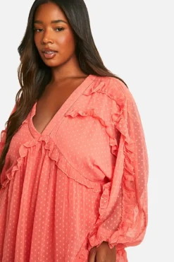 Smock Dresses*boohoo Plus Dobby Ruffle Smock Dress burnt orange