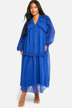 Smock Dresses*boohoo Plus Dobby Ruffle Smock Midaxi Dress cobalt