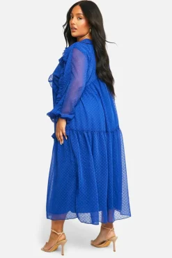 Smock Dresses*boohoo Plus Dobby Ruffle Smock Midaxi Dress cobalt