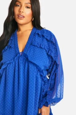 Smock Dresses*boohoo Plus Dobby Ruffle Smock Midaxi Dress cobalt
