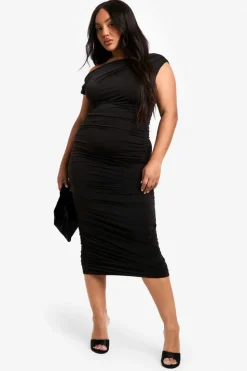 Bodycon Dresses|Midi Dresses*boohoo Plus Double Slinky Asymmetric Ruched Midi Dress black
