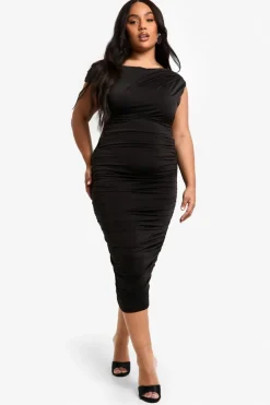 Bodycon Dresses|Midi Dresses*boohoo Plus Double Slinky Asymmetric Ruched Midi Dress black