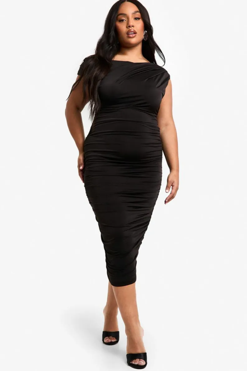 Bodycon Dresses|Midi Dresses*boohoo Plus Double Slinky Asymmetric Ruched Midi Dress black