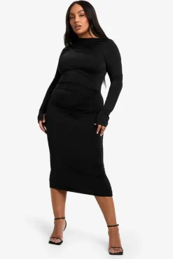 Bodycon Dresses*boohoo Plus Double Slinky Knot Detail Ruched Midaxi Dress black