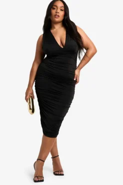 Bodycon Dresses|Midi Dresses*boohoo Plus Double Slinky Plunge Ruched Midi Dress black