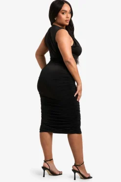 Bodycon Dresses|Midi Dresses*boohoo Plus Double Slinky Plunge Ruched Midi Dress black