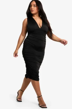 Bodycon Dresses|Midi Dresses*boohoo Plus Double Slinky Plunge Ruched Midi Dress black