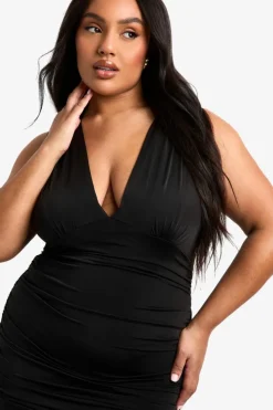 Bodycon Dresses|Midi Dresses*boohoo Plus Double Slinky Plunge Ruched Midi Dress black