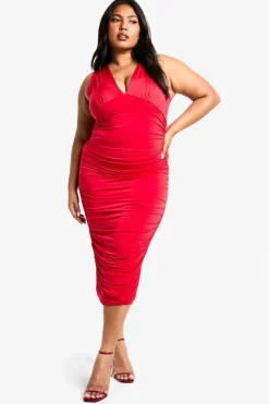 Midi Dresses*boohoo Plus Double Slinky Plunge Ruched Midi Dress red