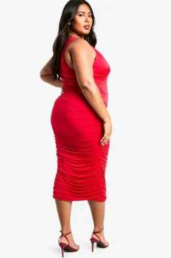 Midi Dresses*boohoo Plus Double Slinky Plunge Ruched Midi Dress red