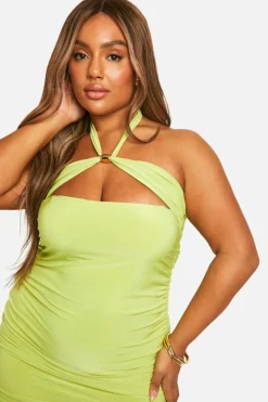 Bodycon Dresses*boohoo Plus Double Slinky Ruched Trim Detail Mini Dress lime