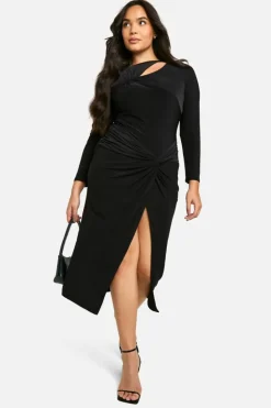 Midi Dresses|Long Sleeve Dresses*boohoo Plus Double Slinky Twist Detail Midi Dress black