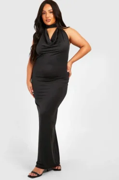 Bodycon Dresses*boohoo Plus Drape Halterneck Slinky Maxi Dress black