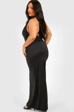 Bodycon Dresses*boohoo Plus Drape Halterneck Slinky Maxi Dress black