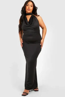 Bodycon Dresses*boohoo Plus Drape Halterneck Slinky Maxi Dress black