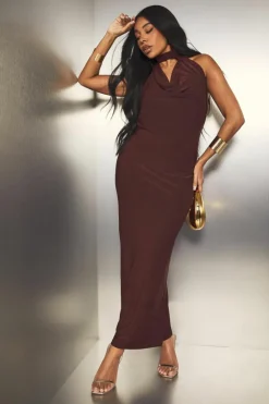 Bodycon Dresses*boohoo Plus Drape Halterneck Slinky Maxi Dress cherry