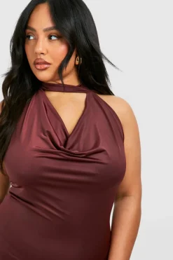 Bodycon Dresses*boohoo Plus Drape Halterneck Slinky Maxi Dress cherry