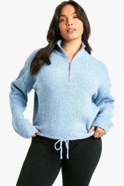Jumpers*boohoo Plus Drawstring Zip Funnel Neck Jumper blue