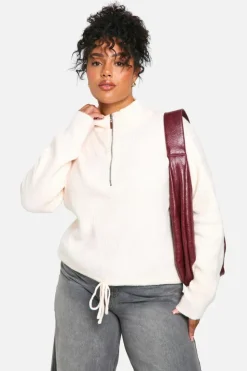 Jumpers*boohoo Plus Drawstring Zip Funnel Neck Jumper ecru