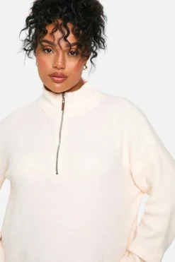 Jumpers*boohoo Plus Drawstring Zip Funnel Neck Jumper ecru