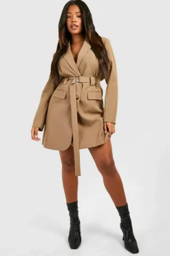 Blazer Dresses|Long Sleeve Dresses*boohoo Plus D-ring Utility Blazer Dress taupe