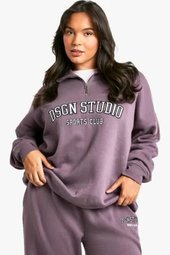 Sweatshirts|Dsgn Studio*boohoo Plus Dsgn Studio Applique Oversized Half Zip Sweatshirt grape