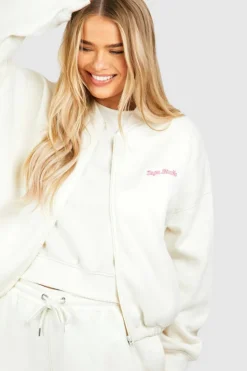 Sweatshirts|Hoodies & Sweatshirts*boohoo Plus Dsgn Studio Script Zip Through Bomber Sweatshirt ecru