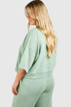 Sweatshirts|Hoodies & Sweatshirts*boohoo Plus Dsgn Studio Washed Short Sleeve Sweatshirt green