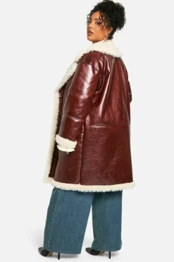 Up To 80% Off Winter Warmers|Aviator Jackets*boohoo Plus Faux Leather Teddy Trim Longline Aviator Jacket burgundy