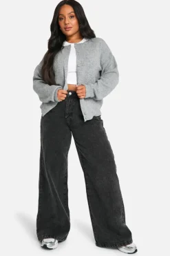 Cardigans|Knitwear*boohoo Plus Fine Gauge Crew Neck Cardigan ash grey