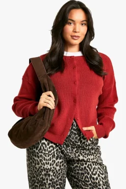 Cardigans*boohoo Plus Fine Gauge Crew Neck Cardigan burgundy