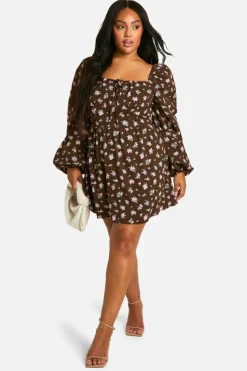 Skater Dresses*boohoo Plus Floral Balloon Sleeve Milkmaid Skater Dress brown