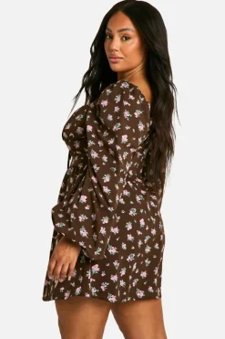 Skater Dresses*boohoo Plus Floral Balloon Sleeve Milkmaid Skater Dress brown