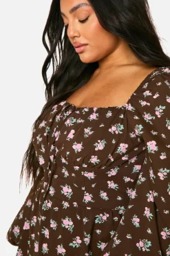 Skater Dresses*boohoo Plus Floral Balloon Sleeve Milkmaid Skater Dress brown