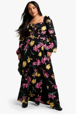 Skater Dresses|Maxi Dresses*boohoo Plus floral Balloon Sleeve Milkmaid Maxi Dress black