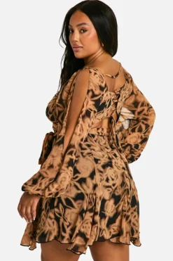 Wrap Dresses|Skater Dresses*boohoo Plus Floral Chiffon Lace Back Wrap Skater Dress black