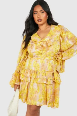 Skater Dresses*boohoo Plus Floral Chiffon Ruffle Layer Skater Dress yellow