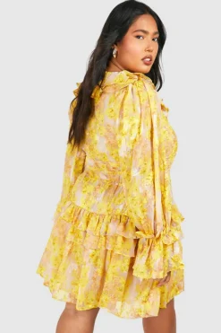 Skater Dresses*boohoo Plus Floral Chiffon Ruffle Layer Skater Dress yellow