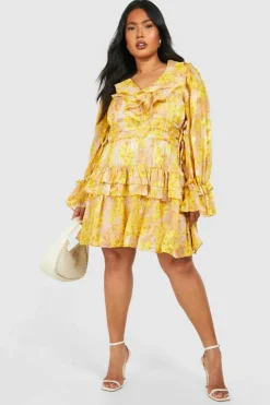 Skater Dresses*boohoo Plus Floral Chiffon Ruffle Layer Skater Dress yellow