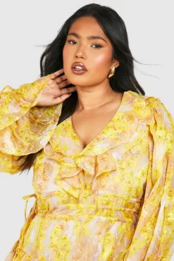 Skater Dresses*boohoo Plus Floral Chiffon Ruffle Layer Skater Dress yellow