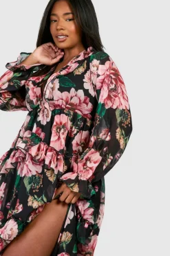 Smock Dresses*boohoo Plus Floral Chiffon Ruffle Maxi Dress black