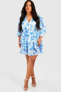 Skater Dresses*boohoo Plus Floral Chiffon Tiered Frill Skater Dress blue