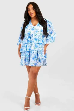 Skater Dresses*boohoo Plus Floral Chiffon Tiered Frill Skater Dress blue