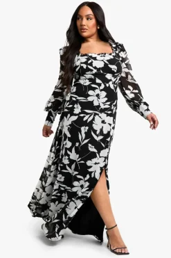 Skater Dresses*boohoo Plus Floral Corset Detail Maxi Milkmaid Dress black
