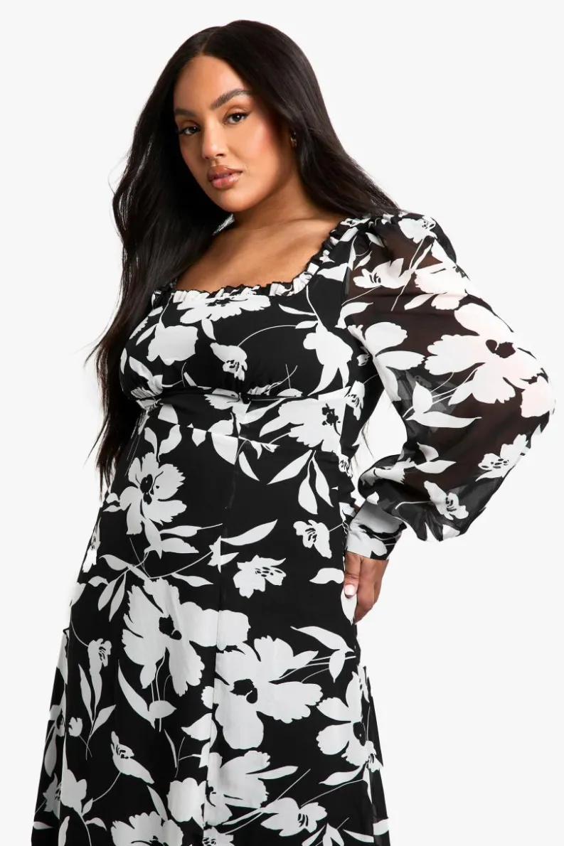 Skater Dresses*boohoo Plus Floral Corset Detail Maxi Milkmaid Dress black