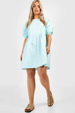 Smock Dresses*boohoo Plus Floral Embroidered Poplin Smock Dress baby blue